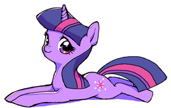 Size: 946x599 | Tagged: safe, artist:aruurara, twilight sparkle, pony, unicorn, g4, cute, female, looking at you, mare, pixiv, prone, simple background, solo, twiabetes, unicorn twilight, white background