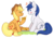 Size: 586x415 | Tagged: safe, artist:mr-tiaa, applejack, oc, oc:constance everheart, pony, g4, canon x oc, chibi, everjack, female, food, male, pie, shipping, sitting, straight