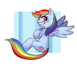 Size: 523x436 | Tagged: safe, artist:nijinowani, rainbow dash, pegasus, pony, g4, abstract background, anatomically incorrect, blushing, crossed hooves, crossed legs, female, incorrect leg anatomy, mare, pixiv, profile, solo, spread wings, wings