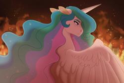 Size: 1920x1300 | Tagged: dead source, safe, artist:cascayd, princess celestia, alicorn, pony, g4, female, fire, mare, missing accessory, solo