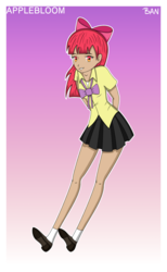 Size: 2000x3250 | Tagged: safe, artist:banquo0, apple bloom, human, art pack:my little persona, g4, arm behind back, bow, clothes, female, high res, humanized, miniskirt, pleated skirt, school uniform, schoolgirl, shoes, skirt, socks, solo