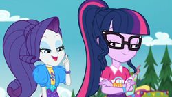 Size: 1906x1080 | Tagged: safe, screencap, rarity, sci-twi, twilight sparkle, equestria girls, g4, lost and pound, lost and pound: spike, my little pony equestria girls: choose your own ending, bolero jacket, duo, duo female, female, geode of shielding, glasses, lidded eyes, magical geodes, outdoors, ponytail, smiling