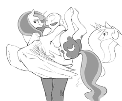 Size: 1000x832 | Tagged: safe, artist:redruin01, princess celestia, princess luna, oc, oc:anon, alicorn, human, pony, g4, :t, butt, cute, female, holding a pony, lidded eyes, lunabetes, mare, missing accessory, plot, scrunchy face, simple background, sketch, smiling, smirk, spread wings, underhoof, white background, wing fluff, wings