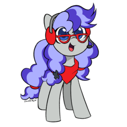 Size: 1582x1582 | Tagged: safe, artist:dawnfire, oc, oc only, oc:cinnabyte, pony, adorkable, bandana, cinnabetes, cute, dork, female, glasses, headset, mare, meganekko, neckerchief, ocbetes, open mouth, pigtails, simple background, smiling, solo, transparent background