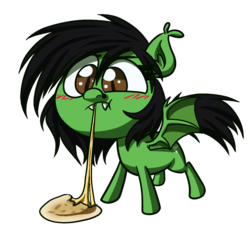 Size: 1200x1140 | Tagged: safe, artist:alittleofsomething, oc, oc only, oc:prickly pears, bat pony, pony, bat pony oc, cheese, chibi, food, pupusa, simple background, solo, transparent background
