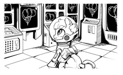 Size: 800x486 | Tagged: safe, artist:lexx2dot0, artist:maytee, oc, oc only, oc:puppysmiles, earth pony, pony, fallout equestria, fallout equestria: pink eyes, black and white, computer, fanfic, fanfic art, female, filly, foal, grayscale, hazmat suit, hooves, illustration, mainframe, monochrome, saddle bag, sitting, smiling, solo