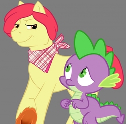 Size: 1024x1008 | Tagged: artist needed, source needed, safe, apple bloom, spike, dragon, earth pony, pony, g4, applebuck, bandana, gay, half r63 shipping, male, nervous, older, older apple bloom, rule 63, ship:spikebloom, shipping, smiling, spikebuck, stallion