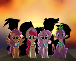 Size: 1500x1200 | Tagged: artist needed, safe, apple bloom, fluttershy, gilda, scootaloo, spike, sweetie belle, dragon, earth pony, griffon, pegasus, pony, unicorn, g4, alternate universe, cutie mark crusaders, elements of harmony, exploitable meme, fanfic art, female, filly, hat, jewelry, looking at you, make it happen, male, meme, necklace, sitting