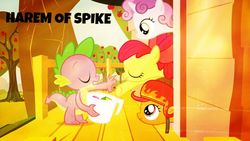 Size: 640x360 | Tagged: artist needed, safe, edit, edited screencap, screencap, apple bloom, scootaloo, spike, sweetie belle, dragon, earth pony, pegasus, pony, unicorn, g4, just for sidekicks, clubhouse, crusaders clubhouse, crusadespike, cutie mark crusaders, female, filly, gem, harem, helmet, male, measuring cup, ship:scootaspike, ship:spikebelle, ship:spikebloom, shipping, spike gets all the mares, straight