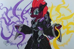 Size: 3155x2102 | Tagged: safe, artist:boyoxhot, tempest shadow, pony, unicorn, g4, broken horn, clothes, cosplay, costume, crossover, female, high res, horn, mare, moira, moira o'deorain, overwatch, solo