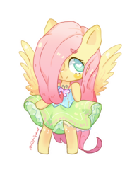 Size: 1024x1366 | Tagged: safe, artist:artist-squared, fluttershy, butterfly, anthro, chibi, clothes, cute, dress, female, hair over one eye, heart eyes, shyabetes, simple background, solo, transparent background, wingding eyes