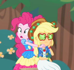Size: 948x899 | Tagged: safe, screencap, applejack, pinkie pie, accountibilibuddies, equestria girls, equestria girls series, g4, spoiler:choose your own ending (season 2), spoiler:eqg series (season 2), accountibilibuddies: pinkie pie, applejack's festival hat, applejack's sunglasses, duo, duo female, female, forest, sunglasses
