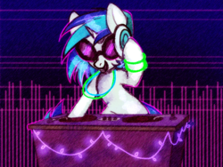 Size: 745x561 | Tagged: safe, artist:ponycide, dj pon-3, vinyl scratch, pony, unicorn, g4, bipedal, bipedal leaning, commission, disc jockey, fairy lights, female, glasses, glowstick, headphones, horn, leaning, mare, open mouth, solo, sunglasses, turntable, vinyl's glasses