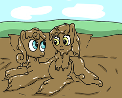Size: 800x640 | Tagged: safe, artist:amateur-draw, bon bon, lyra heartstrings, sweetie drops, earth pony, pony, unicorn, g4, covered in mud, female, lesbian, looking at each other, lying down, messy, mud, mud bath, mud pony, muddy, on side, ship:lyrabon, shipping, wet and messy
