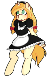 Size: 515x831 | Tagged: safe, artist:lvling-up, oc, oc:vive, unicorn, anthro, anthro oc, apron, arm behind back, blushing, bow, clothes, green eyes, maid, pigtails, simple background, transparent background