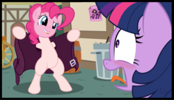 Size: 2400x1383 | Tagged: safe, artist:facelessjr, edit, editor:slayerbvc, pinkie pie, twilight sparkle, earth pony, pony, g4, barrel, bipedal, biting, blushing, clothes, coat, exhibitionism, featureless crotch, female, flashing, furless, furless edit, mare, open mouth, panic, reacting to nudity, shaved, show accurate, sihovi, surprised, tongue bite, tongue out, trash can, we don't normally wear clothes