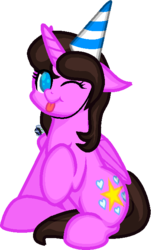 Size: 393x651 | Tagged: safe, alternate version, artist:zeka10000, oc, oc only, oc:alexa cherry, alicorn, pony, base used, birthday, cheeks, cute, cutie mark, female, hat, looking at you, mare, no pupils, one eye closed, party hat, raised hoof, simple background, sitting, tongue out, transparent background, wink