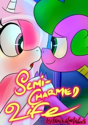 Size: 413x582 | Tagged: safe, fleur-de-lis, spike, dragon, pony, unicorn, fanfic:semi-charmed life, g4, blushing, boop, cute, fanfic art, female, holding hands, looking at each other, mare, open mouth, romantic, ship:fleur-de-spike