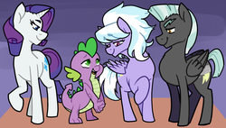 Size: 1024x580 | Tagged: safe, cloudchaser, rarity, spike, thunderlane, dragon, pegasus, pony, unicorn, g4, cute, cutechaser, daaaaaaaaaaaw, female, looking at each other, male, mare, ship:spikechaser, shipper on deck, shipping, spikelove, stallion, straight, thunderbetes