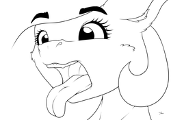 Size: 4705x3300 | Tagged: safe, artist:shiva, derpibooru exclusive, princess celestia, alicorn, pony, g4, bust, female, lineart, mawshot, monochrome, open mouth, solo, tongue out
