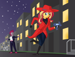 Size: 3600x2700 | Tagged: safe, artist:miipack603, sunset shimmer, tempest shadow, equestria girls, g4, aura, belt, belt buckle, blouse, boots, building, business suit, businessmare, carmen sandiego, city, cityscape, clothes, coat, complex background, diamond, equestria girls-ified, female, gloves, glowing, hat, high res, light, magic, manehattan, motion blur, night, pants, perspective, pointing, running, scenic background, shadow, shoes, simple shading, stairs, stars, street, suit, sweater, wide-brimmed hat, woman
