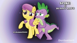 Size: 1024x575 | Tagged: safe, artist:csanimations, spike, sunny rays, dragon, pegasus, pony, g4, crack shipping, dizzy, female, helping, male, mare, older, older spike, raised hoof, shipping, spread wings, sunnyspike, unconscious, wings
