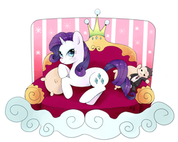Size: 1280x1022 | Tagged: safe, artist:co0kie-cat, rarity, pony, unicorn, g4, couch, female, lying, mare, pillow, plushie, simple background, solo, white background