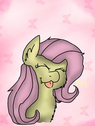 Size: 900x1200 | Tagged: safe, artist:redstreakboy, fluttershy, butterfly, pony, g4, cheek fluff, chest fluff, cute, cute little fangs, ear fluff, eyes closed, fangs, female, silly, silly pony, simple background, solo, tongue out