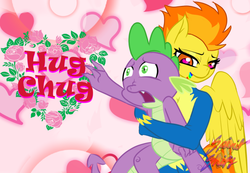 Size: 593x410 | Tagged: artist needed, safe, spike, spitfire, dragon, pegasus, pony, fanfic:hug chug, g4, back hug, clothes, fanfic art, female, flower, heart, heart eyes, holiday, hug, mare, open mouth, reaching, ship:spikefire, smiling, uniform, valentine's day, wingding eyes, wonderbolts uniform