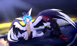 Size: 4493x2700 | Tagged: safe, artist:honeybbear, oc, oc only, oc:beatz, oc:grommet, nocturnal howler, original species, pegasus, pony, bandage, clothes, female, mare, scarf, two toned wings, wings