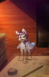 Size: 1736x2726 | Tagged: safe, artist:klooda, oc, oc only, oc:swift tine, pegasus, pony, book, desk, detailed, detailed background, drawn into existence, eraser, female, glitter, happy, lamp, lineart, mare, monitor, paper, pencil, pencil drawing, ponytail, shiny, sketch, smiling, solo, sparkles, traditional art, transparent, wings, ych result