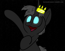 Size: 1366x1080 | Tagged: safe, artist:karmadreamer, oc, changeling, crown, glowing eyes, happy, jewelry, regalia, simple background