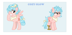 Size: 3184x1544 | Tagged: safe, artist:sailorrainbow13, cozy glow, pegasus, pony, g4, alternate hairstyle, amputee, bandana, blue background, cozy glow is not amused, eye scar, female, freckles, grin, mare, older, older cozy glow, prosthetic leg, prosthetic limb, prosthetics, raised hoof, scar, simple background, smiling