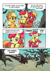 Size: 1201x1700 | Tagged: safe, artist:tarkron, apple bloom, applejack, big macintosh, earth pony, pony, comic:ghosts of the past, g4, apple siblings, comic, dark forest, dialogue, female, filly, floppy ears, male, mare, stallion, sweat, sweatdrop, wagon