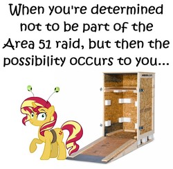 Size: 876x856 | Tagged: safe, edit, edited screencap, editor:leonidus, screencap, sunset shimmer, alien, pony, unicorn, equestria girls, equestria girls specials, g4, my little pony equestria girls: mirror magic, area 51, crate, cute, deely bobbers, female, funny, meme, shimmerbetes, simple background, smiling, smirk, solo, text, white background