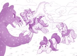 Size: 1600x1168 | Tagged: safe, artist:dstears, apple bloom, scootaloo, sweetie belle, bear, earth pony, pegasus, pony, unicorn, ursa, ursa minor, fighting is magic, g4, badass, badass adorable, chrono trigger, cute, cutie mark crusaders, female, filly, flying, foal, headband, katana, magic, parody, scootaloo can fly, sweetie belle's magic brings a great big smile, sword, this will end in tears and/or death and/or covered in tree sap, weapon