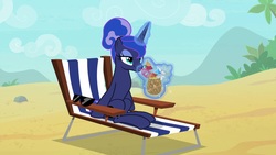 Size: 1920x1080 | Tagged: safe, screencap, princess luna, pony, between dark and dawn, g4, alternate hairstyle, beach, drinking, female, food, herbivore, magic, mare, missing accessory, pineapple, solo, sunglasses, we don't normally wear clothes