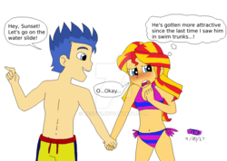 Size: 1024x730 | Tagged: safe, artist:stella-exquisa, flash sentry, sunset shimmer, equestria girls, g4, clothes, female, holding hands, male, ship:flashimmer, shipping, straight, swimsuit
