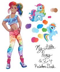 Size: 4272x5100 | Tagged: safe, artist:flyinggopher45686, rainbow dash, rainbow dash (g3), human, pegasus, pony, g4, 80s, belly button, clothes, dark skin, female, fusion, grin, humanized, leggings, midriff, moderate dark skin, off-shoulder top, ponytail, rainbow dash always dresses in style, reference sheet, shoes, simple background, smiling, smirk, sneakers, socks, solo, sports bra, watch, white background, wristband