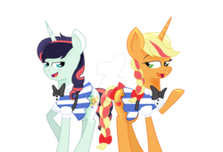 Size: 1280x875 | Tagged: safe, artist:bea-drowned, applejack, coloratura, flam, flim, pony, unicorn, g4, alternate hairstyle, alternate universe, beauty mark, bedroom eyes, bowtie, clothes, deviantart watermark, female, flim flam brothers, hat, lesbian, looking at each other, obtrusive watermark, open mouth, race swap, raised hoof, ship:rarajack, shipping, simple background, suit, unicorn applejack, unicorn coloratura, watermark, white background