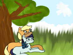 Size: 1600x1200 | Tagged: safe, artist:fluffytailponies, applejack, coloratura, earth pony, pony, g4, accessory theft, applejack's hat, cowboy hat, female, hat, lesbian, mare, missing cutie mark, ship:rarajack, shipping, story included, tree