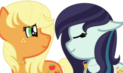 Size: 1678x1000 | Tagged: safe, artist:sapphirefeatherdust, applejack, coloratura, earth pony, pony, g4, alternate hairstyle, eyes closed, female, freckles, jewelry, lesbian, mare, necklace, ring, ship:rarajack, shipping, simple background, transparent background, wedding ring