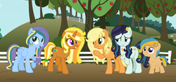 Size: 4113x1917 | Tagged: safe, artist:biitt, artist:chaostrical, artist:dreamybae, artist:php11, artist:sapphirefeatherdust, applejack, coloratura, oc, oc:apple teacake, oc:crystalline melody, oc:soprano apple, pegasus, pony, unicorn, g4, alternate hairstyle, base used, blank flank, colt, family, female, fence, half-siblings, jewelry, lesbian, magical lesbian spawn, male, mare, mother and daughter, mother and son, necklace, offspring, one eye closed, parent:applejack, parent:coloratura, parent:trenderhoof, parents:rarajack, parents:trenderjack, raised hoof, ring, ship:rarajack, shipping, siblings, sisters, wedding ring, wings, wink