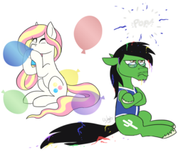 Size: 1280x1096 | Tagged: safe, artist:wiggles, oc, oc:bubble burst, oc:cactus needles, pony, balloon, balloon popping, beard, blowing up balloons, clothes, crossed arms, duo, facial hair, female, glasses, male, mare, moustache, party balloon, popping, sitting, stallion, unamused, unshorn fetlocks