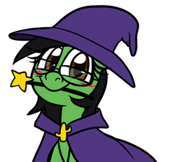 Size: 661x610 | Tagged: safe, artist:alittleofsomething, oc, oc:prickly pears, pony, cactus, emblem, glasses, hat, looking at you, magic wand, mouth hold, smiling, witch, witch hat