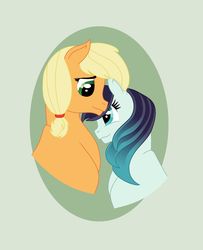Size: 1024x1262 | Tagged: safe, artist:dawn-inspiration, applejack, coloratura, earth pony, pony, g4, female, lesbian, mare, nuzzling, ship:rarajack, shipping, story included