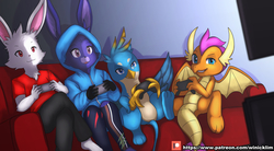 Size: 5063x2785 | Tagged: safe, artist:winick-lim, gallus, smolder, oc, oc:bonnie, oc:endymion, dragon, griffon, rabbit, anthro, g4, animal, butt, controller, couch, dragoness, female, furry, male, paws, playing videogames, plot, television, video game