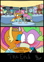 Size: 2150x3035 | Tagged: safe, artist:noidavaliable, gallus, ocellus, pinkie pie, sandbar, silverstream, smolder, spike, yona, changedling, changeling, classical hippogriff, dragon, earth pony, griffon, hippogriff, pony, yak, g4, blushing, cake, cheek kiss, clothes, dragoness, dress, female, food, high res, kissing, male, princess smolder, ship:spolder, shipping, straight, student six, tea party, tuxedo, winged spike, wings