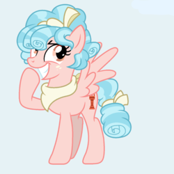 Size: 1000x1000 | Tagged: source needed, safe, artist:sailorrainbow13, cozy glow, pegasus, pony, g4, adult, bandana, blue background, bow, curly hair, female, freckles, grin, hair bow, mare, older, older cozy glow, raised hoof, simple background, smiling, smirk, solo, standing, tail bow, white background
