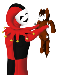 Size: 2000x2000 | Tagged: safe, artist:tunrae, oc, oc:mfa, humanoid, hybrid, pony, cutie mark, dangling, held up, high res, holding a pony, jester, mask, non-mlp oc, simple background, transparent background